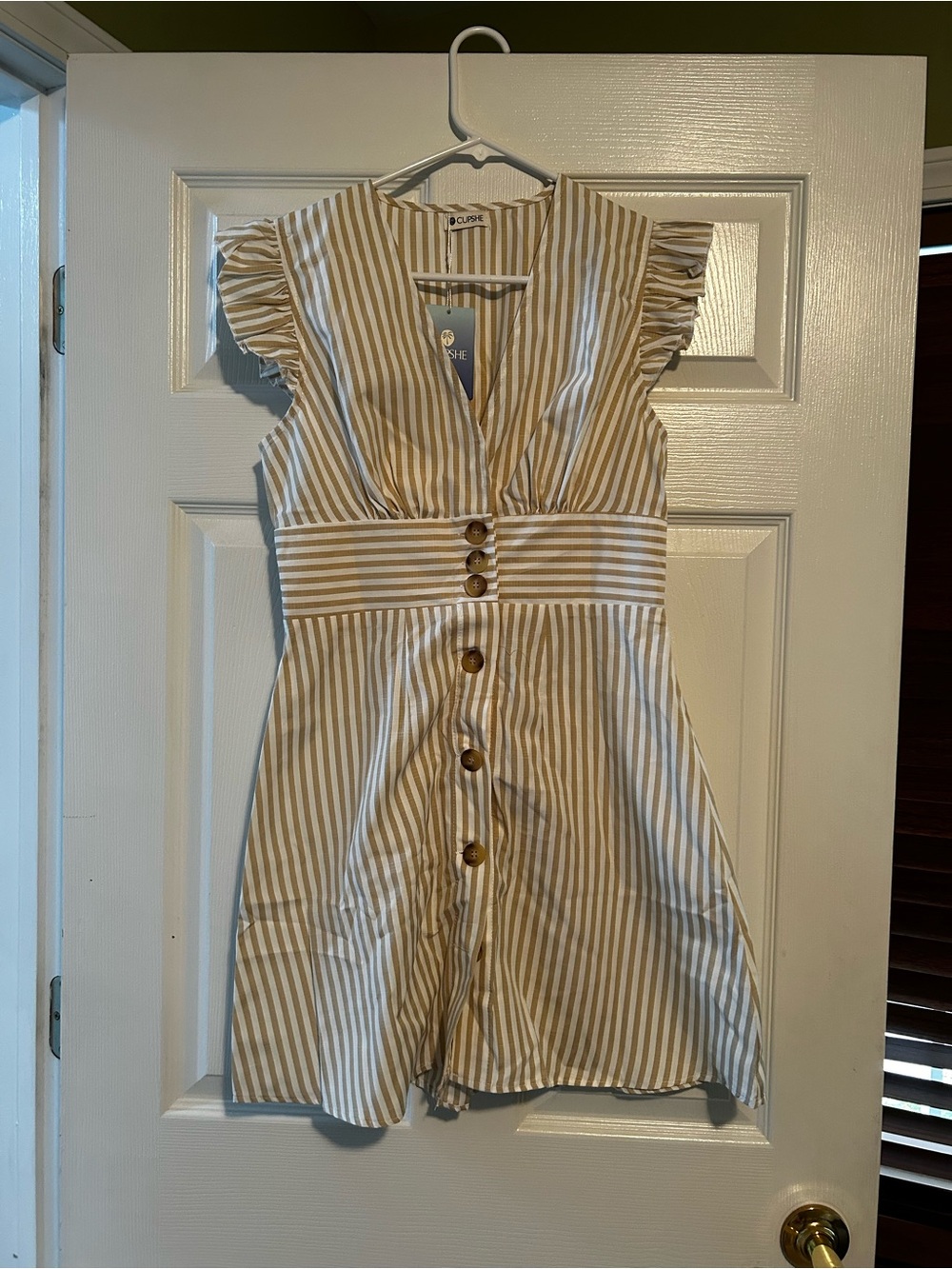 Cupshe Beige and White Striped V-Neck Button Front Top
